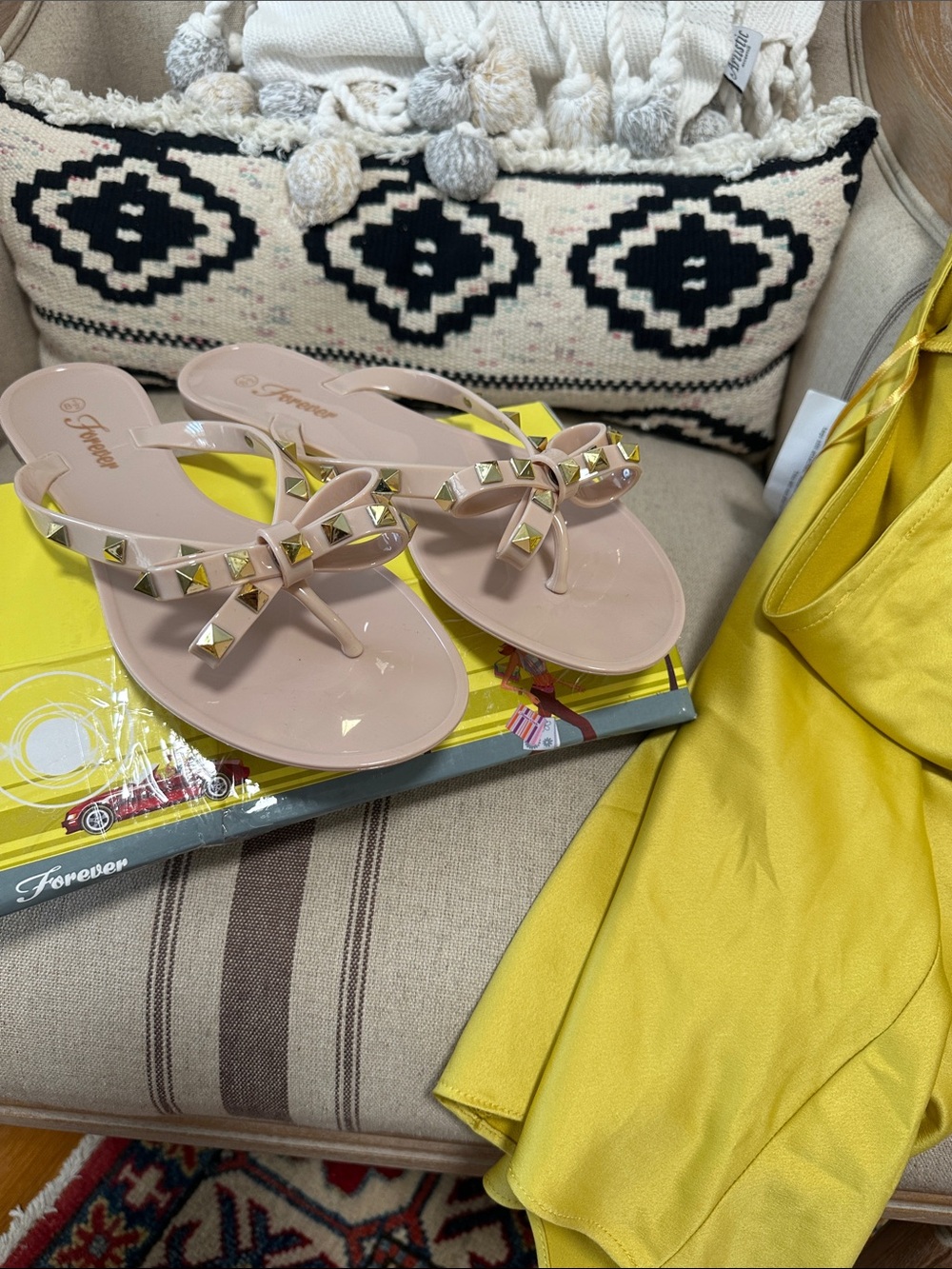 Forever Blush Pink Studded Bow Thong Sandals
